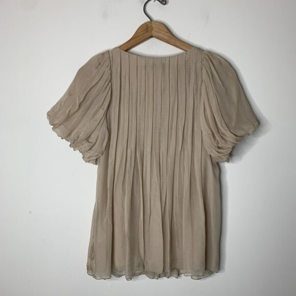 Miss Me MM Couture Silk Blouse Pleated Short Sleeve Taupe Beige Size Small - Picture 10 of 10